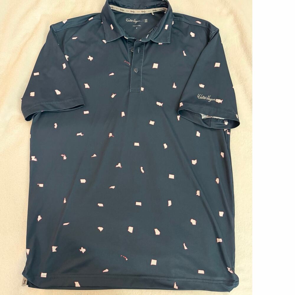 Walter Hagen 11 Navy USA States Print Performance Golf Polo Shirt Size Small